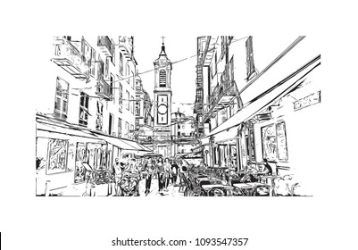 Landmark building view with street of Nice, City in France. Hand drawn sketch illustration in vector.