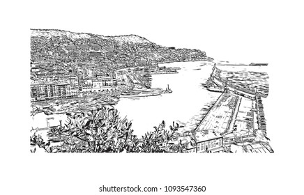 Landmark building view with street of Nice, City in France. Hand drawn sketch illustration in vector.