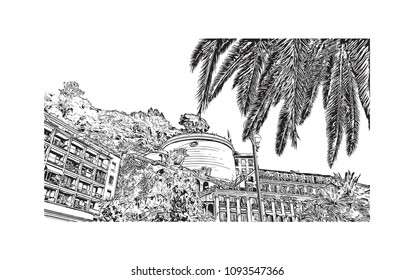 Landmark building view with street of Nice, City in France. Hand drawn sketch illustration in vector.