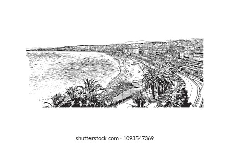 Landmark building view with street of Nice, City in France. Hand drawn sketch illustration in vector.