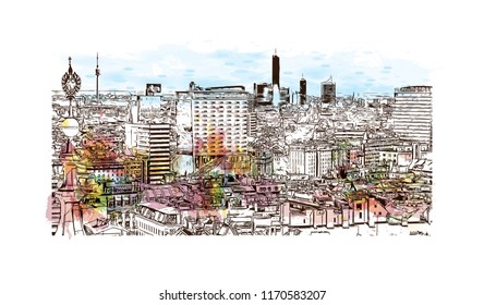 Landmark building view of Vienna, Austria’s capital, lies in the country’s east on the Danube River. Watercolor splash with hand drawn sketch illustration in vector.