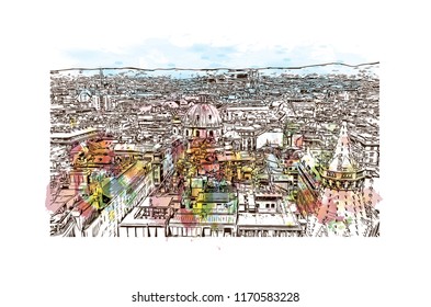 Landmark building view of Vienna, Austria’s capital, lies in the country’s east on the Danube River. Watercolor splash with hand drawn sketch illustration in vector.