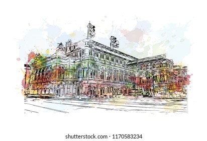 Landmark building view of Vienna, Austria’s capital, lies in the country’s east on the Danube River. Watercolor splash with hand drawn sketch illustration in vector.