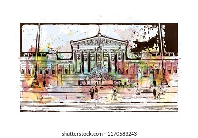 Landmark building view of Vienna, Austria’s capital, lies in the country’s east on the Danube River. Watercolor splash with hand drawn sketch illustration in vector.