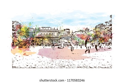 Landmark building view of Vienna, Austria’s capital, lies in the country’s east on the Danube River. Watercolor splash with hand drawn sketch illustration in vector.