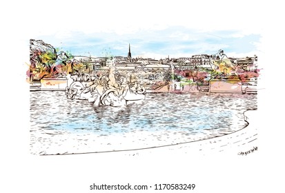 Landmark building view of Vienna, Austria’s capital, lies in the country’s east on the Danube River. Watercolor splash with hand drawn sketch illustration in vector.