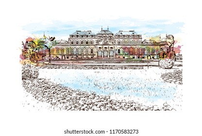 Landmark building view of Vienna, Austria’s capital, lies in the country’s east on the Danube River. Watercolor splash with hand drawn sketch illustration in vector.