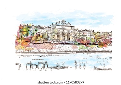 Landmark building view of Vienna, Austria’s capital, lies in the country’s east on the Danube River. Watercolor splash with hand drawn sketch illustration in vector.