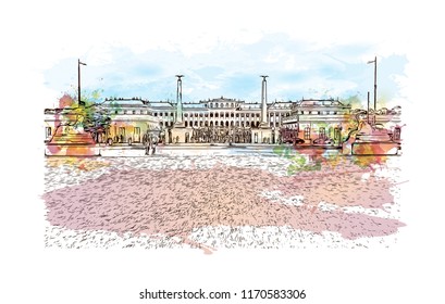 Landmark building view of Vienna, Austria’s capital, lies in the country’s east on the Danube River. Watercolor splash with hand drawn sketch illustration in vector.