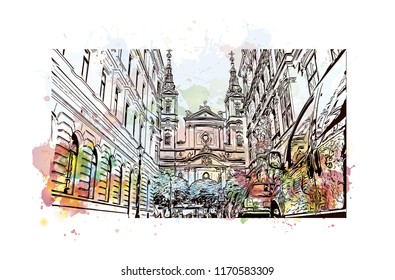 Landmark building view of Vienna, Austria’s capital, lies in the country’s east on the Danube River. Watercolor splash with hand drawn sketch illustration in vector.