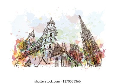 Landmark building view of Vienna, Austria’s capital, lies in the country’s east on the Danube River. Watercolor splash with hand drawn sketch illustration in vector.