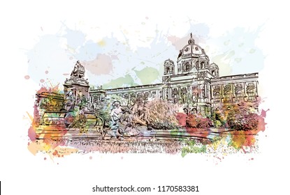 Landmark building view of Vienna, Austria’s capital, lies in the country’s east on the Danube River. Watercolor splash with hand drawn sketch illustration in vector.