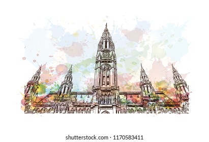 Landmark building view of Vienna, Austria’s capital, lies in the country’s east on the Danube River. Watercolor splash with hand drawn sketch illustration in vector.