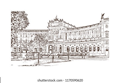 Landmark building view of Vienna, Austria’s capital, lies in the country’s east on the Danube River. Hand drawn sketch illustration in vector