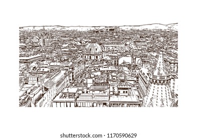 Landmark building view of Vienna, Austria’s capital, lies in the country’s east on the Danube River. Hand drawn sketch illustration in vector