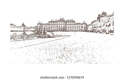 Landmark building view of Vienna, Austria’s capital, lies in the country’s east on the Danube River. Hand drawn sketch illustration in vector