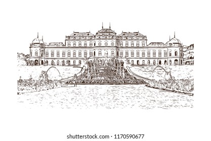 Landmark building view of Vienna, Austria’s capital, lies in the country’s east on the Danube River. Hand drawn sketch illustration in vector