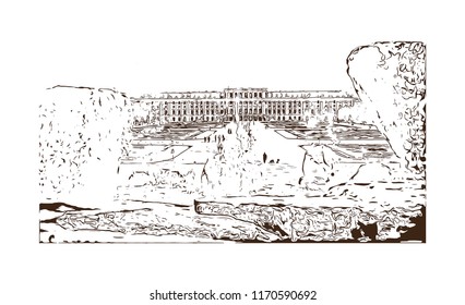 Landmark building view of Vienna, Austria’s capital, lies in the country’s east on the Danube River. Hand drawn sketch illustration in vector