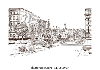 Landmark building view of Vienna, Austria’s capital, lies in the country’s east on the Danube River. Hand drawn sketch illustration in vector