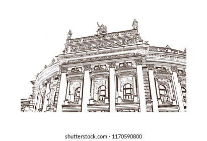 Landmark building view of Vienna, Austria’s capital, lies in the country’s east on the Danube River. Hand drawn sketch illustration in vector