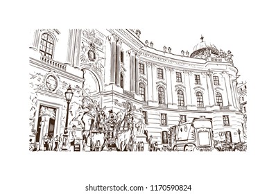 Landmark building view of Vienna, Austria’s capital, lies in the country’s east on the Danube River. Hand drawn sketch illustration in vector