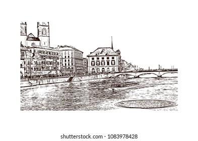 Landmark with building view of Zurich, City in Switzerland. Hand drawn sketch illustration in vector.