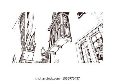 Landmark with building view of Zurich, City in Switzerland. Hand drawn sketch illustration in vector.