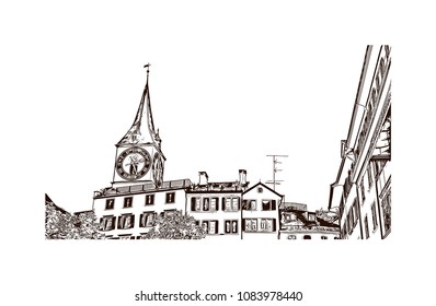 Landmark with building view of Zurich, City in Switzerland. Hand drawn sketch illustration in vector.