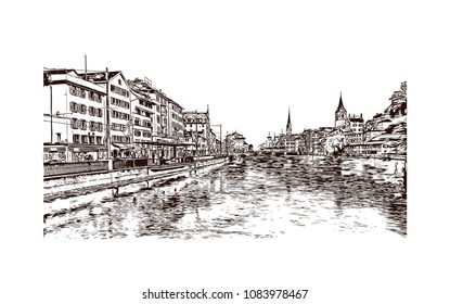 Landmark with building view of Zurich, City in Switzerland. Hand drawn sketch illustration in vector.