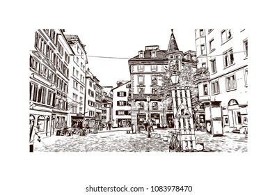Landmark with building view of Zurich, City in Switzerland. Hand drawn sketch illustration in vector.