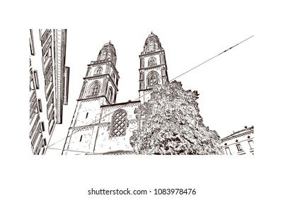 Landmark with building view of Zurich, City in Switzerland. Hand drawn sketch illustration in vector.