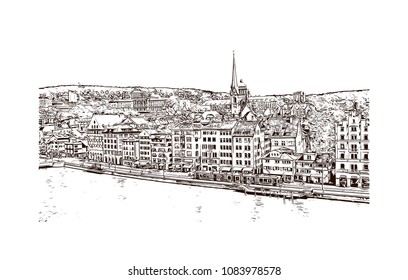 Landmark with building view of Zurich, City in Switzerland. Hand drawn sketch illustration in vector.
