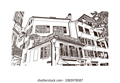 Landmark with building view of Zurich, City in Switzerland. Hand drawn sketch illustration in vector.