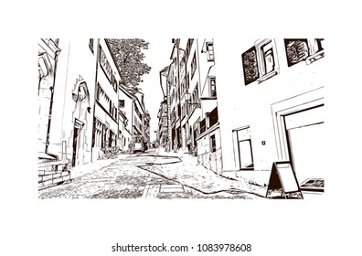 Landmark with building view of Zurich, City in Switzerland. Hand drawn sketch illustration in vector.