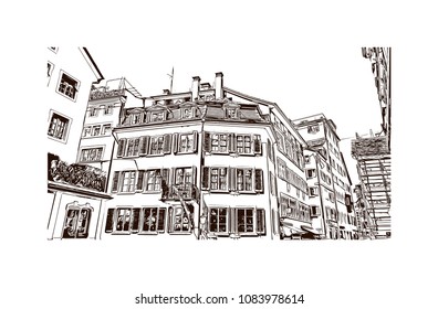 Landmark with building view of Zurich, City in Switzerland. Hand drawn sketch illustration in vector.