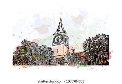 Landmark building view of Zurich, City in Switzerland. Watercolor splash with hand drawn sketch illustration in vector.