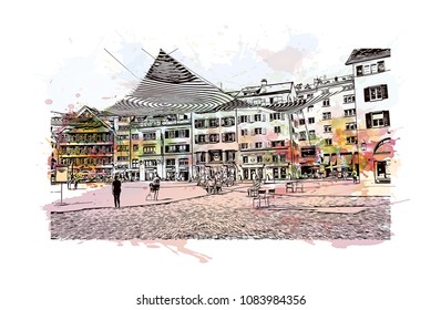 Landmark building view of Zurich, City in Switzerland. Watercolor splash with hand drawn sketch illustration in vector.