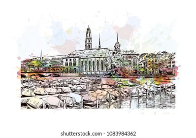 Landmark building view of Zurich, City in Switzerland. Watercolor splash with hand drawn sketch illustration in vector.