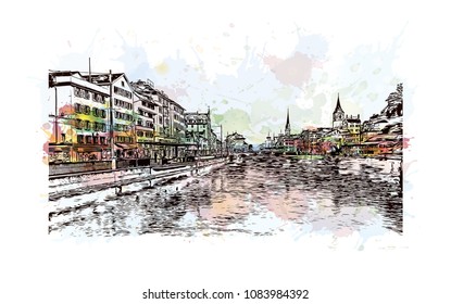 Landmark building view of Zurich, City in Switzerland. Watercolor splash with hand drawn sketch illustration in vector.