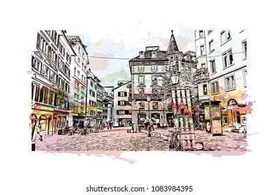 Landmark building view of Zurich, City in Switzerland. Watercolor splash with hand drawn sketch illustration in vector.