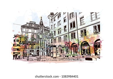Landmark building view of Zurich, City in Switzerland. Watercolor splash with hand drawn sketch illustration in vector.