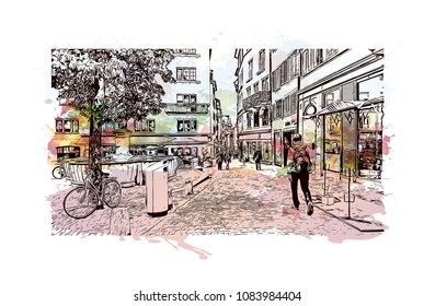 Landmark building view of Zurich, City in Switzerland. Watercolor splash with hand drawn sketch illustration in vector.