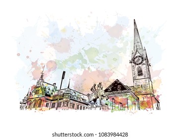 Landmark building view of Zurich, City in Switzerland. Watercolor splash with hand drawn sketch illustration in vector.