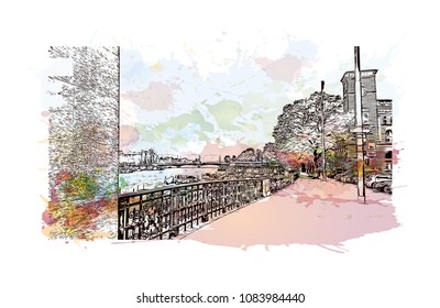 Landmark building view of Zurich, City in Switzerland. Watercolor splash with hand drawn sketch illustration in vector.