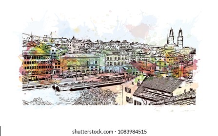 Landmark building view of Zurich, City in Switzerland. Watercolor splash with hand drawn sketch illustration in vector.