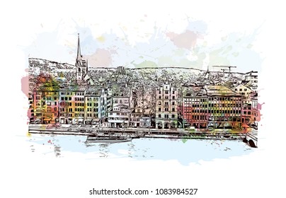 Landmark building view of Zurich, City in Switzerland. Watercolor splash with hand drawn sketch illustration in vector.