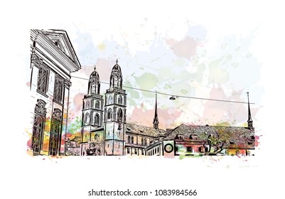 Landmark building view of Zurich, City in Switzerland. Watercolor splash with hand drawn sketch illustration in vector.