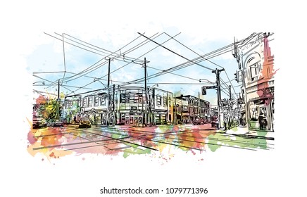 Landmark with buildings and street of Toronto, the capital of the province of Ontario, is a major Canadian city. Water cooler splash with Hand drawn sketch illustration in vector.