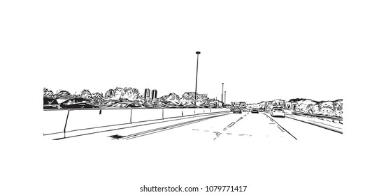Landmark with buildings and street of Toronto, the capital of the province of Ontario, is a major Canadian city. Hand drawn sketch illustration in vector.