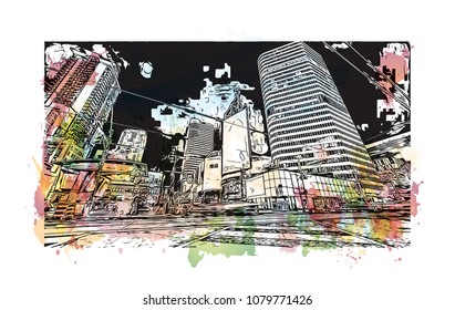 Landmark with buildings and street of Toronto, the capital of the province of Ontario, is a major Canadian city. Water cooler splash with Hand drawn sketch illustration in vector.